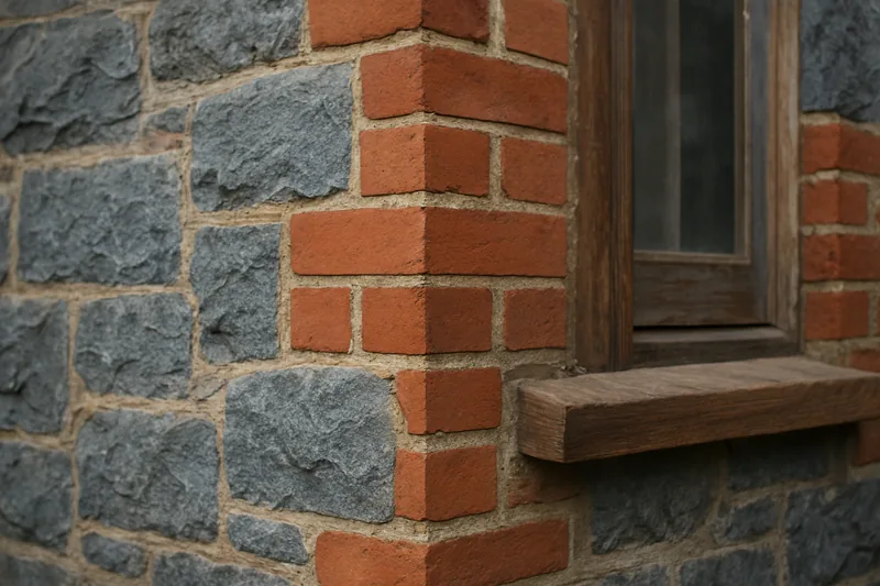 A bluestone wall corner with red brick quoins and a timber window sill — bluestone and sandstone walls, Adelaide. Illustrative example.