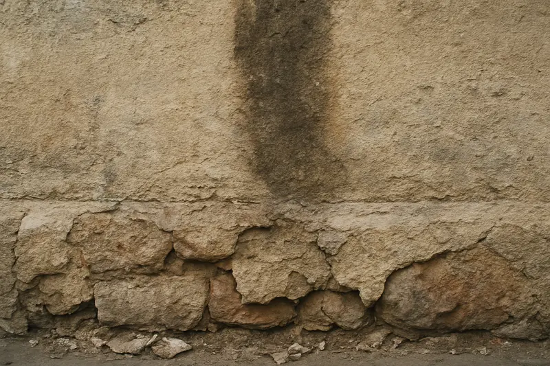 Crumbling render at the base of an old stone wall with a damp stain above — render and paint on old masonry, Adelaide. Illustrative example.