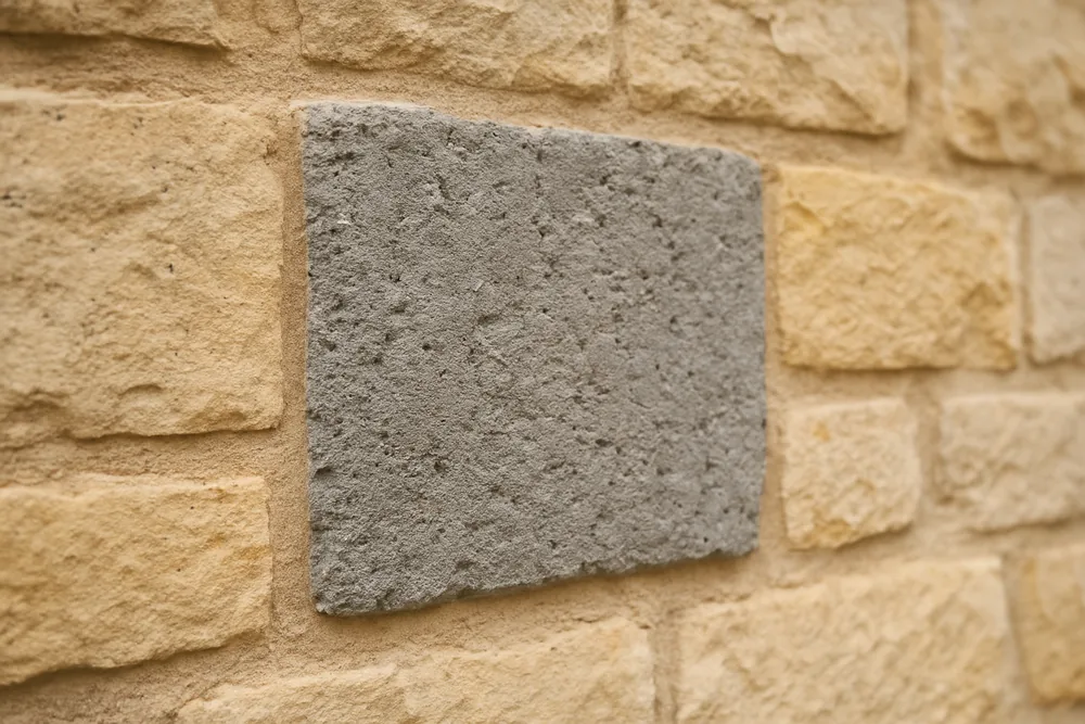 A hard grey patch set into a pale sandstone wall — lime repointing, Adelaide. Illustrative example.